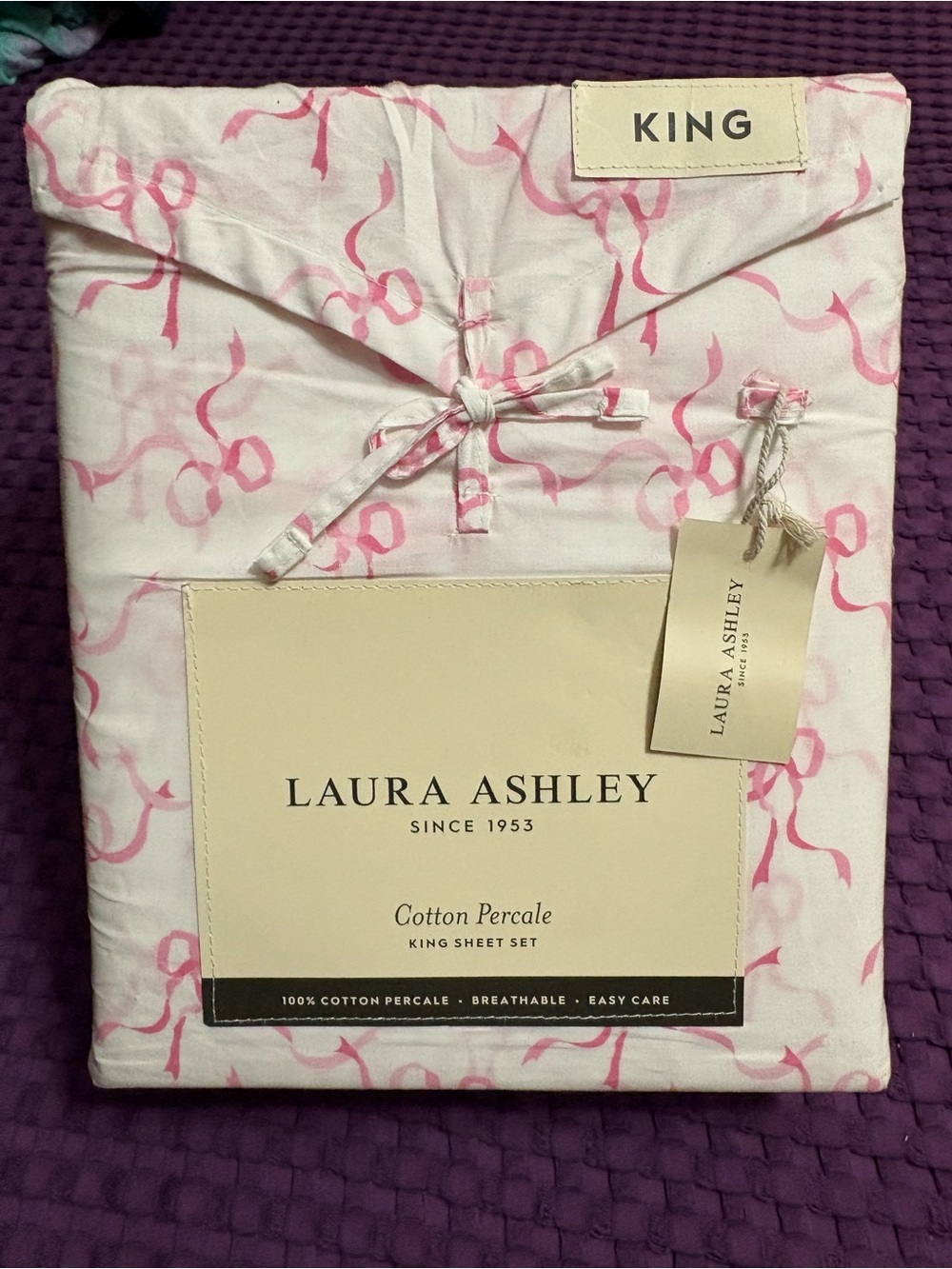 Laura Ashley Pink Ribbon-Print Cotton Percale King Sheet Set